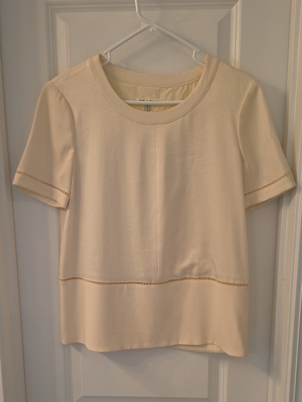 Women’s Short Sleeve Cream Top with Eyelet Trim